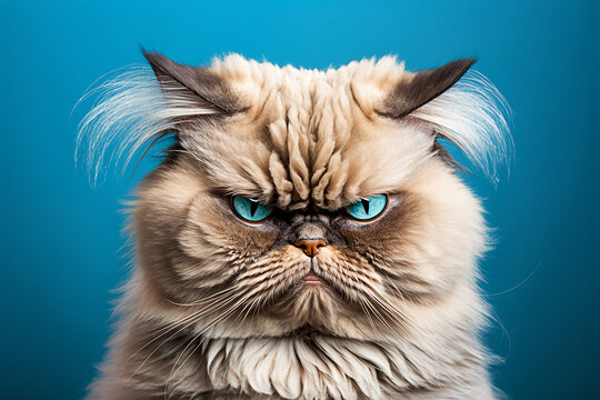 Portrait of angry cat on blue background. Generative AI