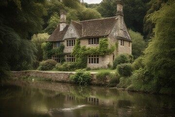 Fototapeta na wymiar old english house and garden over the river