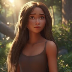 Cartoon character, pixar style, disney, beautiful girl with long hair in the forest, lara croft style, ai generative