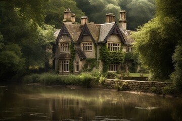 old english house and garden over the river