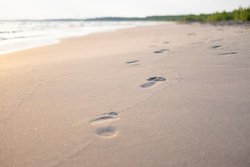 Footprints in the sand going in the horizon. Selective focus, blurred background and foreground. Beach vacation concept. Lake Erie, Ontario, Canada.