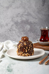 Chestnut and chocolate cake. Delicious cake with cream filling. Studio shoot. Bakery products