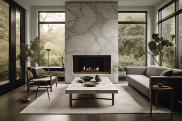 Contemporary, Modern Living Room with Marble Fireplace, lighting coming from large windows