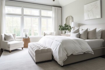 a bed with a white comforter and pillows on it in a room