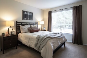 a bed with a white comforter in a room with a window