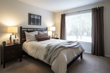 Fototapeta premium a bed with a white comforter in a room with a window