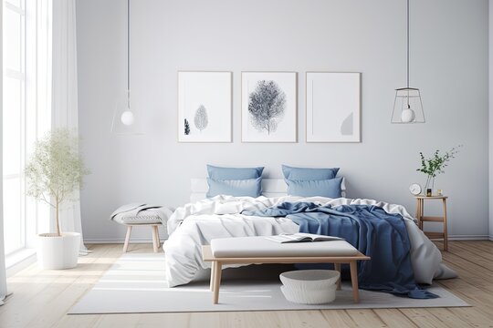 3d rendering of a white Scandinavian bedroom with ceiling