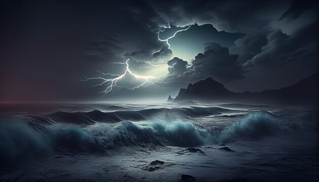 Night sea dramatic landscape with a storm. Night Sea Wave with tornado and heavy lighting. Ai generated image
