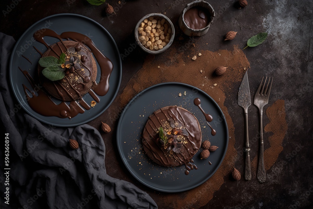 Poster on a textured backdrop, a top view of two servings of chocolate pancakes topped with almonds and cho