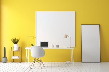 a white canvas hanging on a yellow wall in a modern workspa
