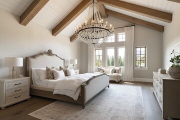 Beautiful bedroom in new luxury home with wood beam