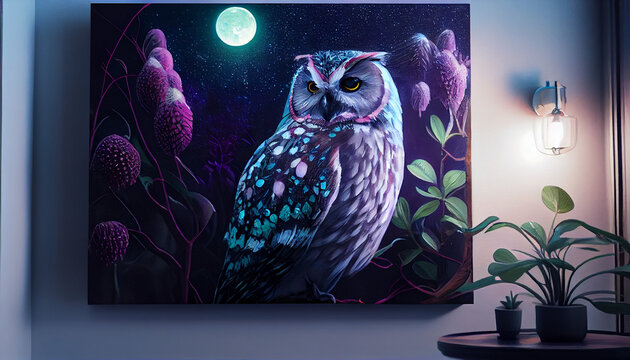 Painting featuring an owl in the night sky in front of moon Ai generated image