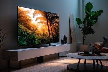 Big screen 8K OLED TV in the bright living room with ambien