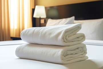 Clean towels on bed at hotel room 