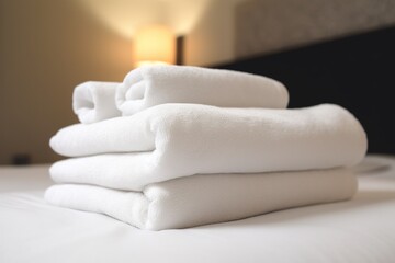Fototapeta na wymiar Clean towels on bed at hotel room 