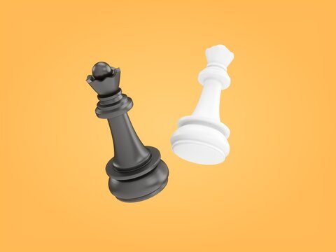 3D Rendering White and Black Queen chess pieces isolated on orange background