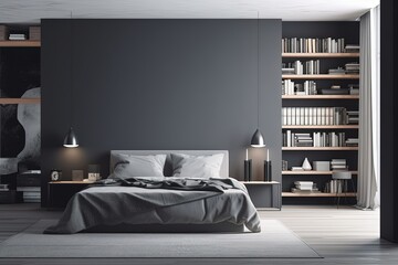  Grey master bedroom interior with bookcase 