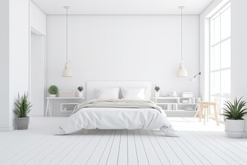 Home interior background cozy white bedroom with bright