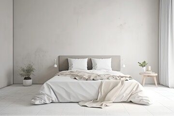 Home interior wall mockup with unmade bed in minimal style