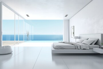 Fototapeta na wymiar Incredible Designer bedroom with white floor next to Ocean.