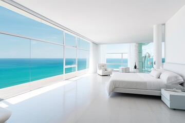Fototapeta na wymiar Incredible Designer bedroom with white floor next to Ocean.