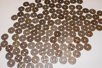 counting coins on a table