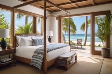 Luxury beach view bedroom looking out onto palm trees 