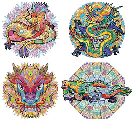Zentangle dragons on mandalas. Hand drawn decorative vector illustration
