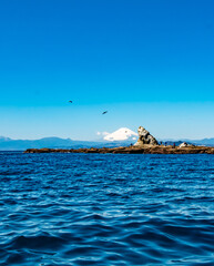 冠雪の富士山を背景にして湘南茅ヶ崎の海に浮かぶ烏帽子岩