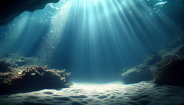 Underwater background deep blue sea and beautiful sun ray under sea. Ai generated image