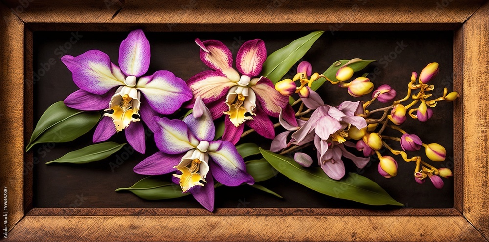Poster orchids in a frame, top view generative ai