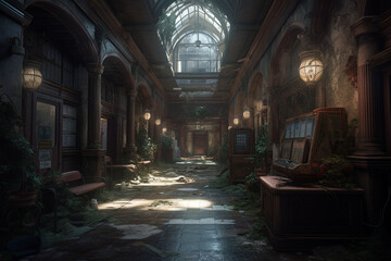 Illustration eines gruseligen Raums in einem alten Geb&auml;ude wie aus einem Horrorfilm 