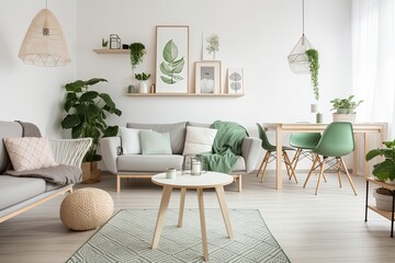 Stylish scandinavian living room with design mint sofa furn