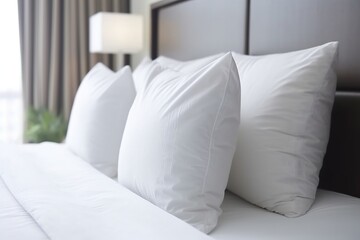 Fototapeta na wymiar White comfortable pillow on bed decoration 