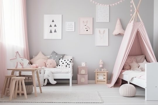 White and pastel pink scandinavian bedroom interior