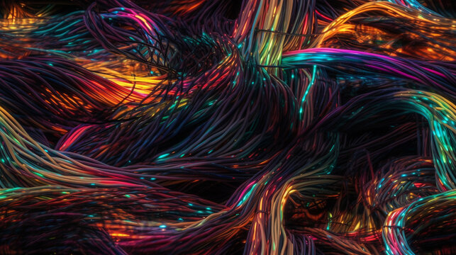 Truly Seamless Tile of Colorful Computer Cables and Wires Abstract Background - Generative AI. With the option to seamlessly tile on all sides to your desired size.