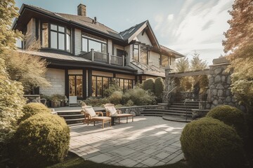 Fototapeta premium Large luxurious house with patio in sunny Vancouver, Canada. Generative AI