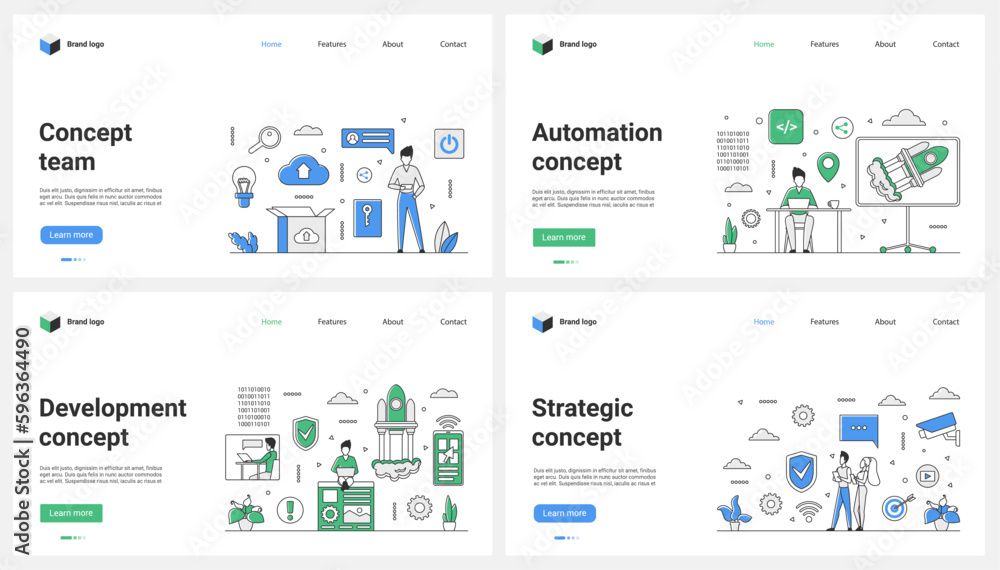 Poster automation of business and startup launch, strategic development and teamwork set vector illustratio