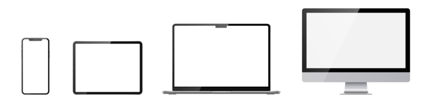Set of monitor, laptop, tablet, phone on transparent background with transparent screen. Vector illustration.