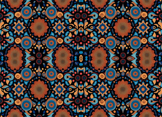 Pattern of flowers and leaves on a black background for tapestries prints. Wallpaper of floral mandalas shapes random for decorative rapport. Generative AI