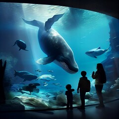 People looking in an aquarium with whales