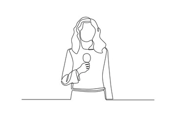 Single one line drawing young tv newscaster woman reporting tv news. News anchor concept. Continuous line draw design graphic vector illustration.