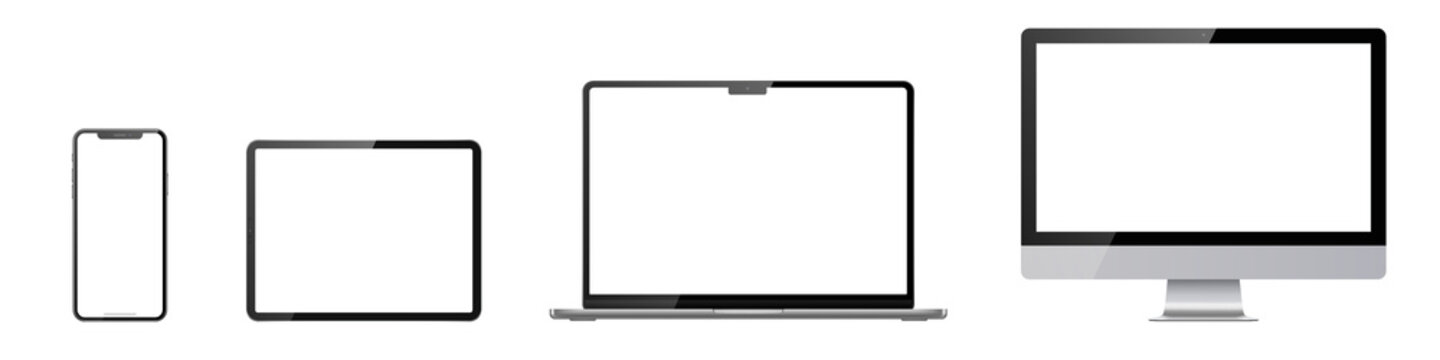 Set of monitor, laptop, tablet, phone on transparent background with transparent screen. Png illustration.