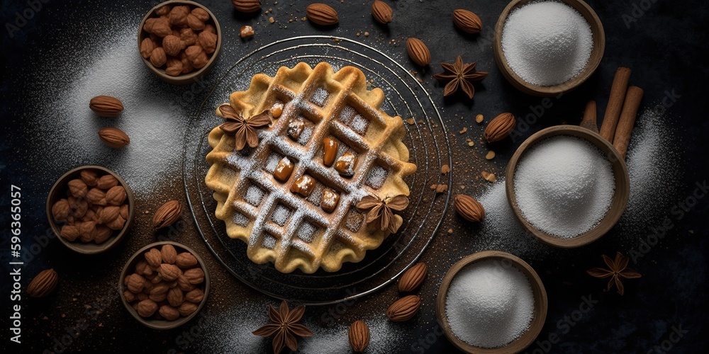 Poster waffles with powdered sugar and hazelnuts, seen from the top generative ai