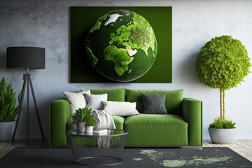 Green earth globe in a room. Eco-friendly concept (Generative AI)