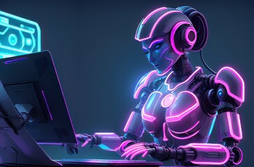 Fototapeta na wymiar AI at Work: Futuristic Robot Woman Cyberwoman Typing in Neon-Lit Room on Computer Screen. generative ai