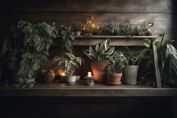 Plants housed on wooden shelf indoors. Generative AI