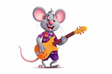 Fototapeta premium Mouse playing electric guitar on a white background isolated