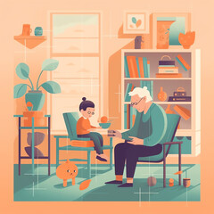 Grandparent reading a book to their grandchild on a bright yellow couch. The book has a smiling sun on the cover and the illustration has a warm, inviting feel. Generative AI.