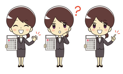 電卓を持つスーツの女性のイラスト